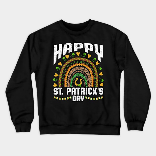 Happy St Patricks Day Leopard Print Rainbow Shamrock Irish Crewneck Sweatshirt by Happy Shirt